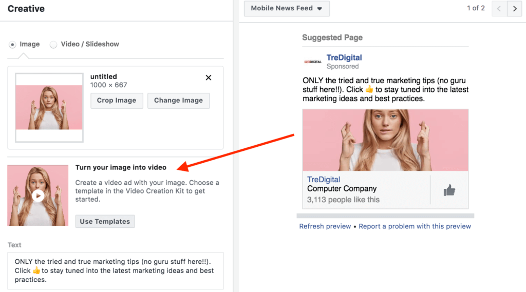 Convert your Facebook images ads into video 