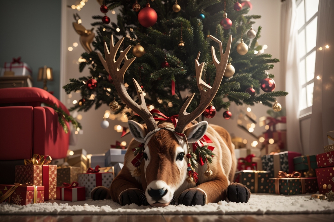 DreamShaper_v7_reindeer_underneath_a_christmas_tree_0